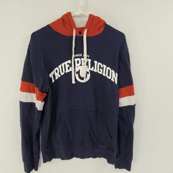 True Religion Sweatshirt Mens Large Blue White Graphic Hoodie Sleeve Stripes - Picture 1 of 7